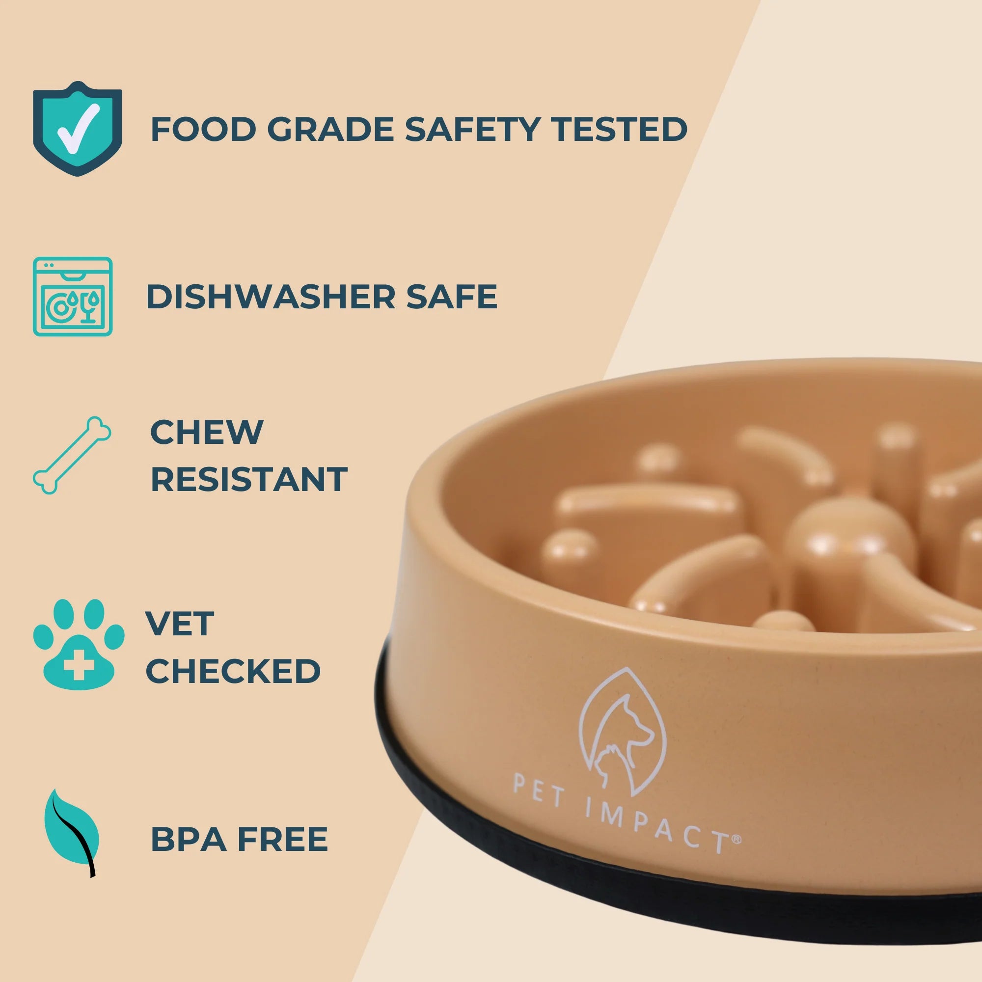 Pet Impact dog slow feeder bowls are dishwasher safe, vet-checked, chew resistant and bpa-free