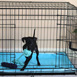 Puppy playing with a toy in a crate lined with a washable puppy pad
