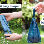 An infographic demonstrating ReSEAcled poo bags being easy to open and tie up