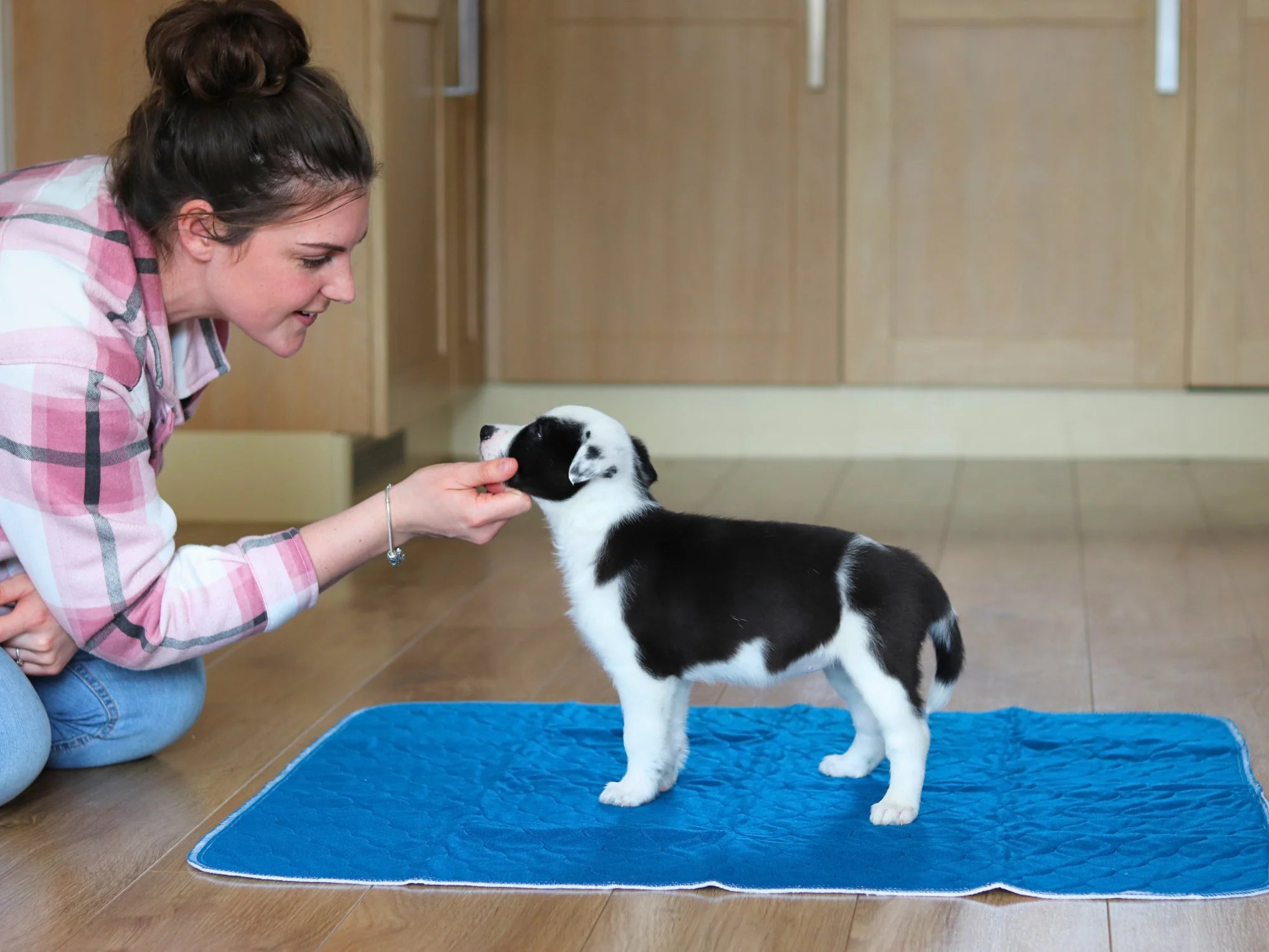 A puppy stood on a washable puppy pad, being petted by a woman