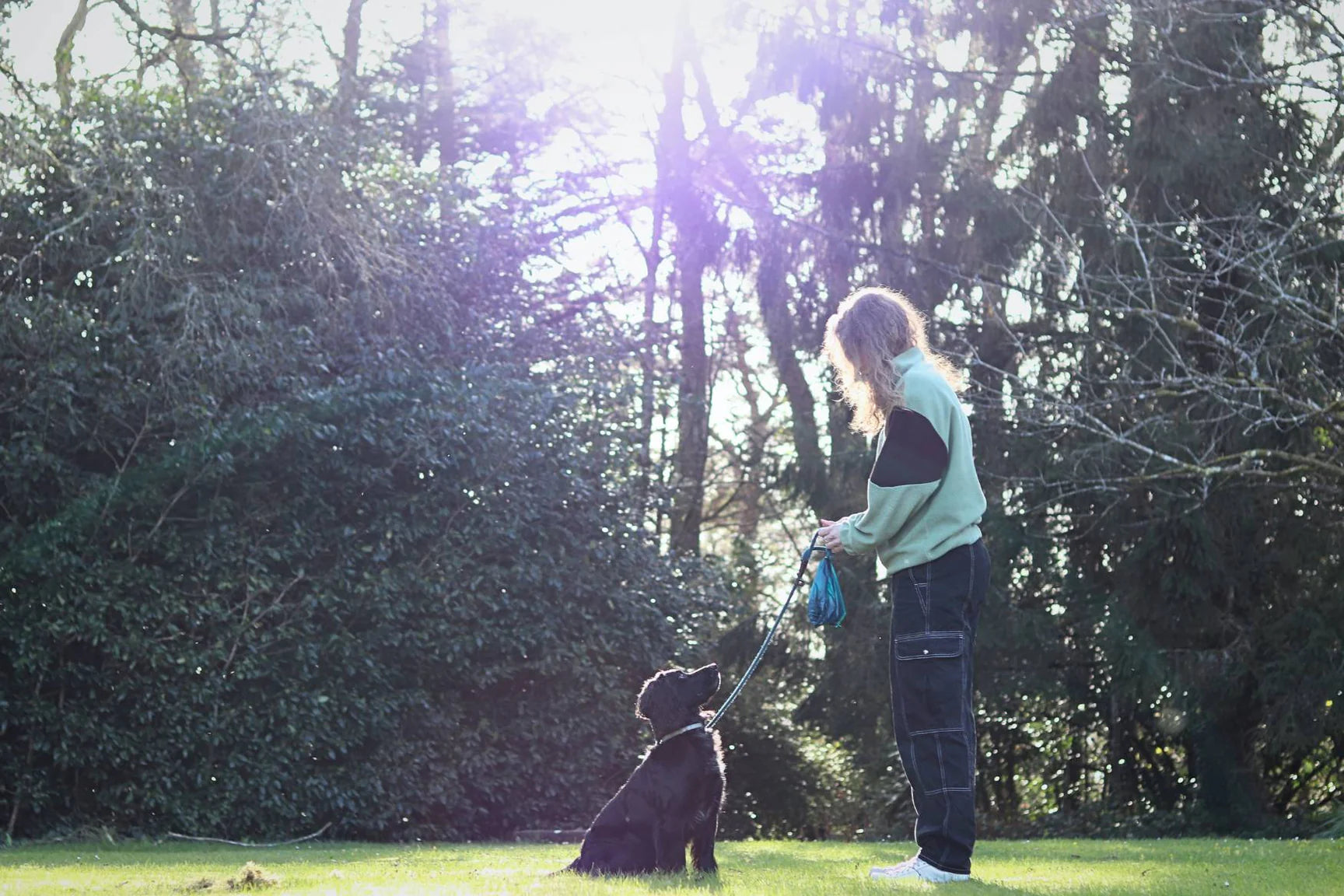 A picture of a woman and a dog in an outdoor setting