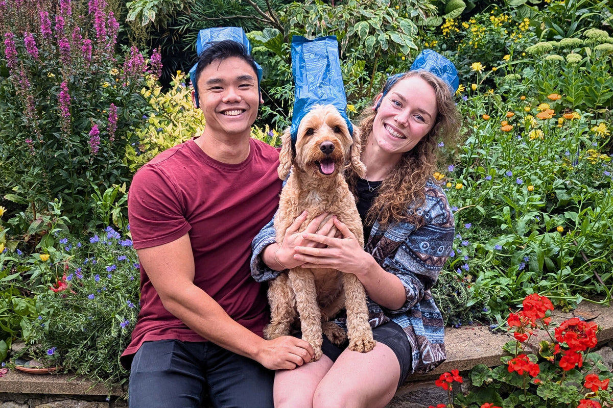A picture of Pet Impact's founders, Gavin and Alice with their dog, Alfie, wearing ReSEAcled Poo Bags as hats on their head.