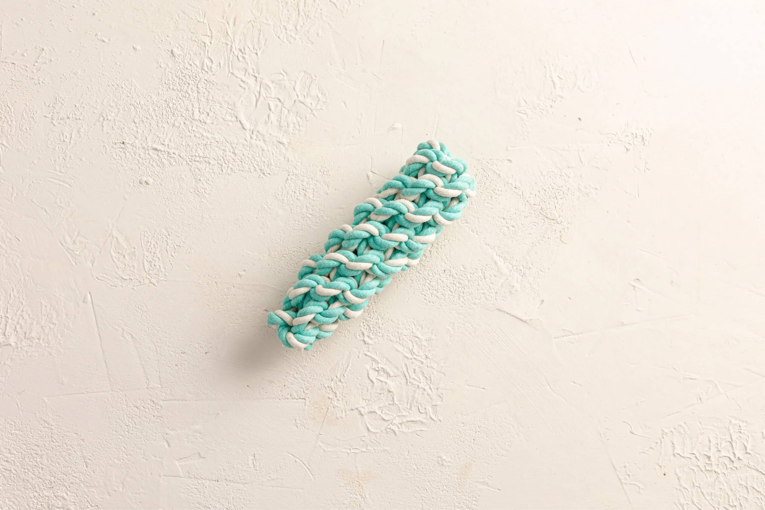 An image of a rope chew bone puppy toy on a cream background