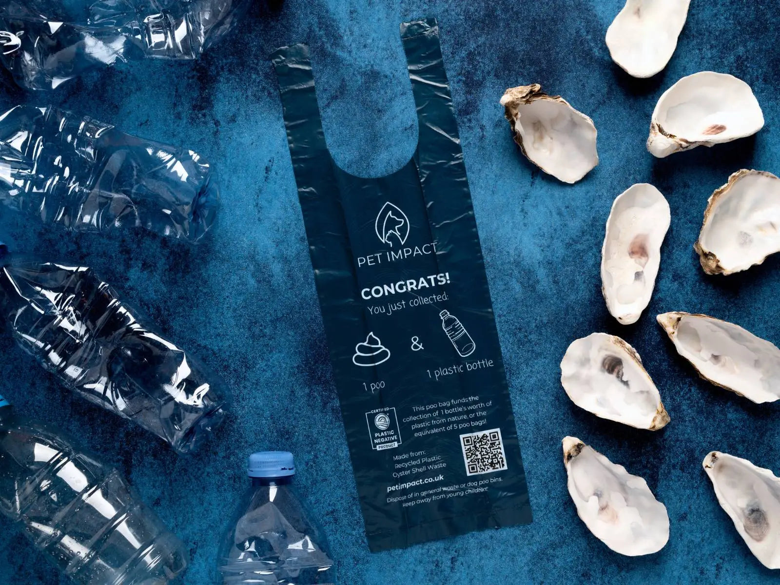 An image of a ReSEAcled dog poo bag, on a navy background, surrounded by plastic bottles and sea shells.