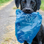 A photo of a black dog holding a ReSEAcled poo bag in their mouth