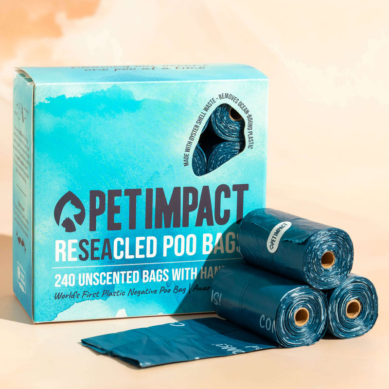 Pet Impact reseacled poo bags on a beige background