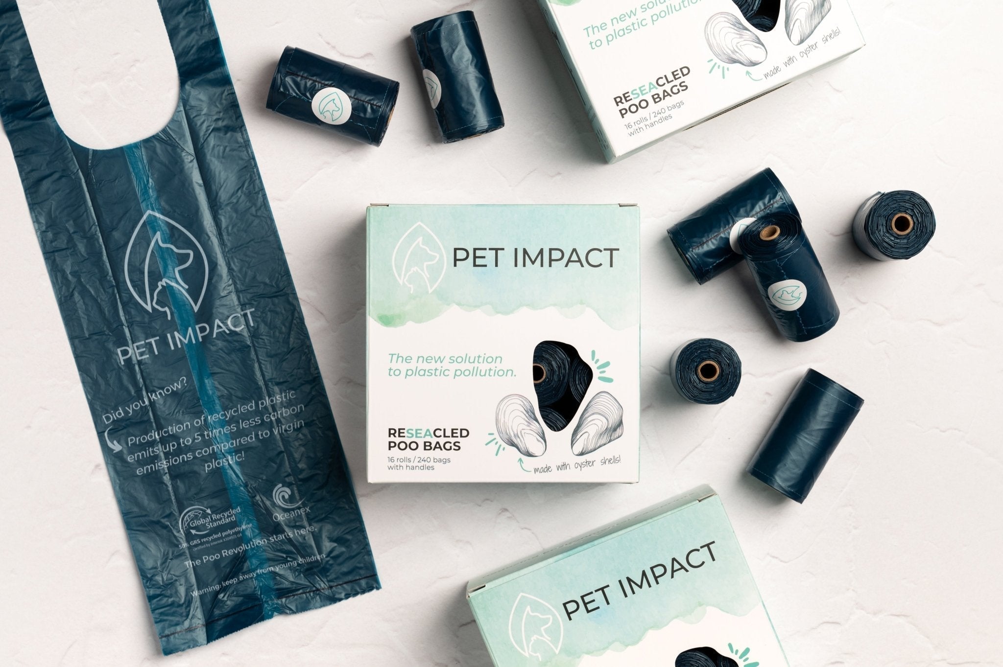 An image showcasing Pet Impact's ReSEAcled poo bags on a white background